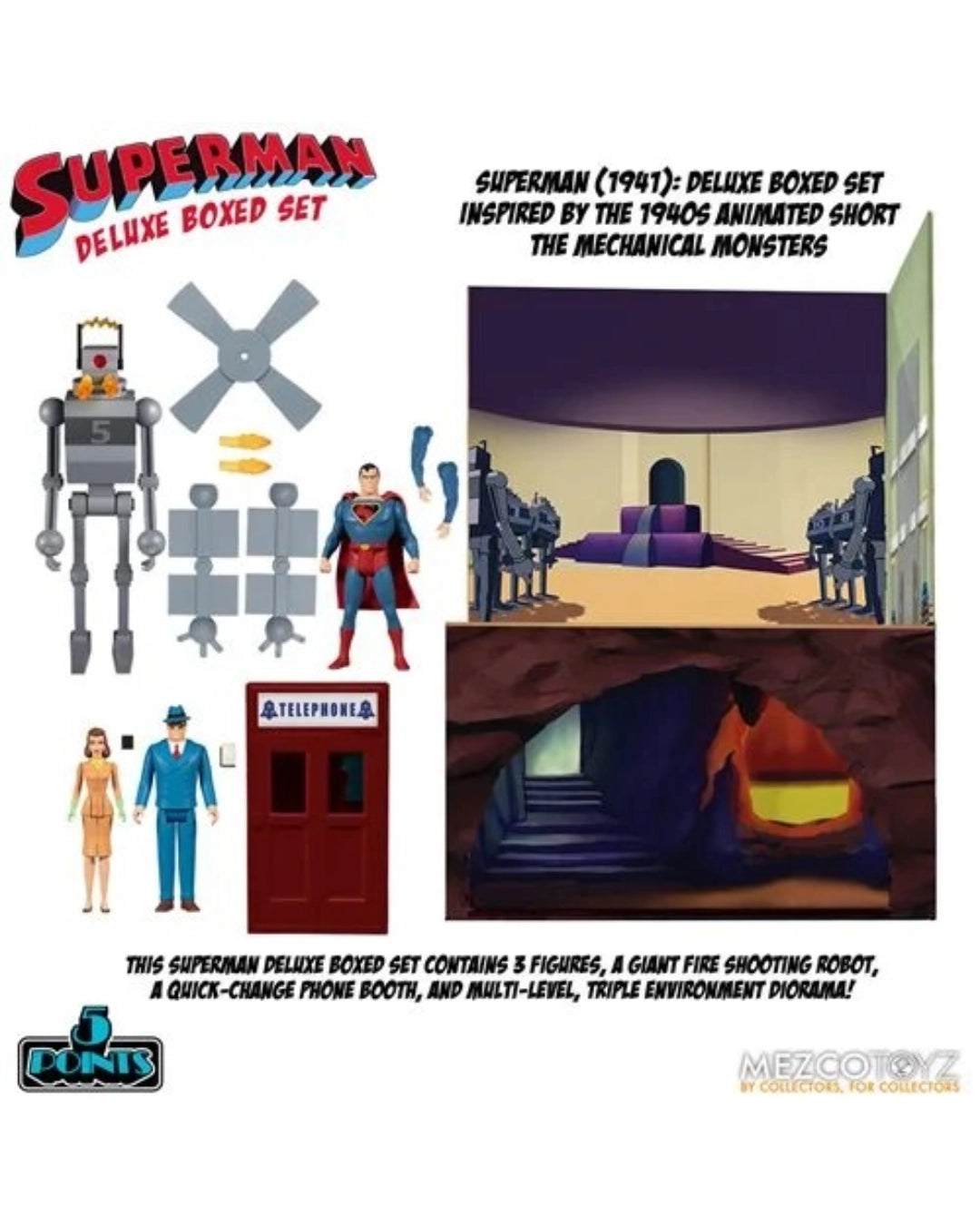 Superman (1941): The Mechanical Monsters 5 Points Deluxe Boxed Set by Mezco Toyz Superman Action Figures